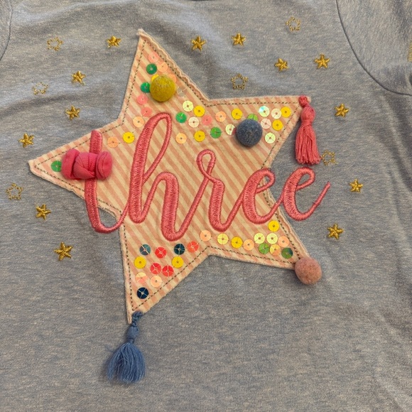 Mud Pie Toddler Girl Size 3T Birthday Shirt – “Three” Star Tee with Tassels - Picture 3 of 5